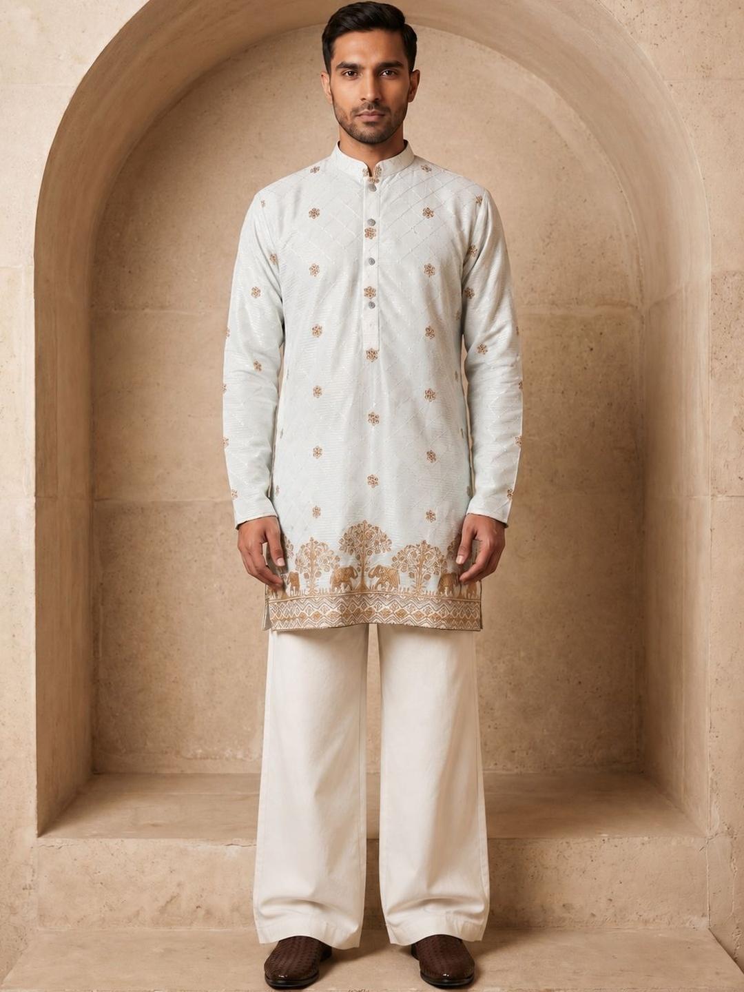 Jompers Men Embroidered & Printed Short Kurta With Korean Pants - Image 1