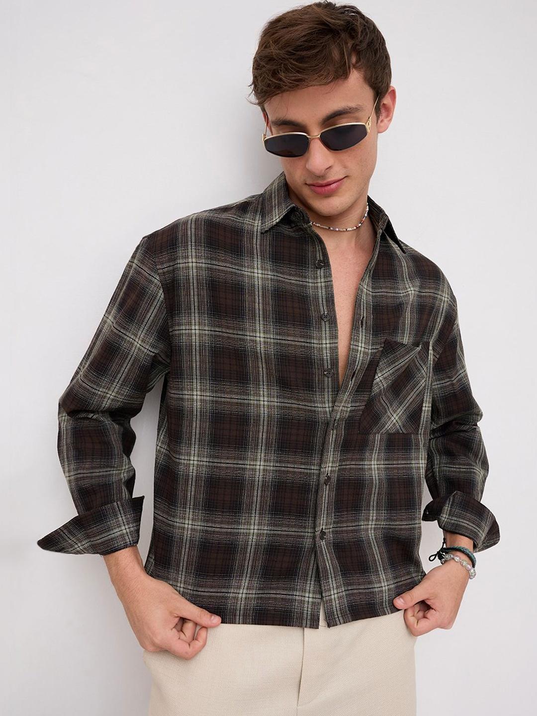VASTRADO Brown & Mint Green Contrast Fine Checks Boxy Fit Crop Shirt - Image 1