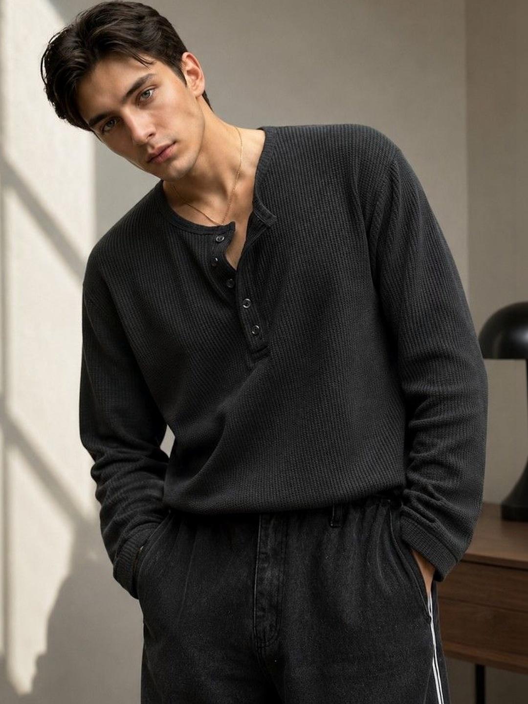 Netclick Men Textured Henley Neck Cotton T-shirt