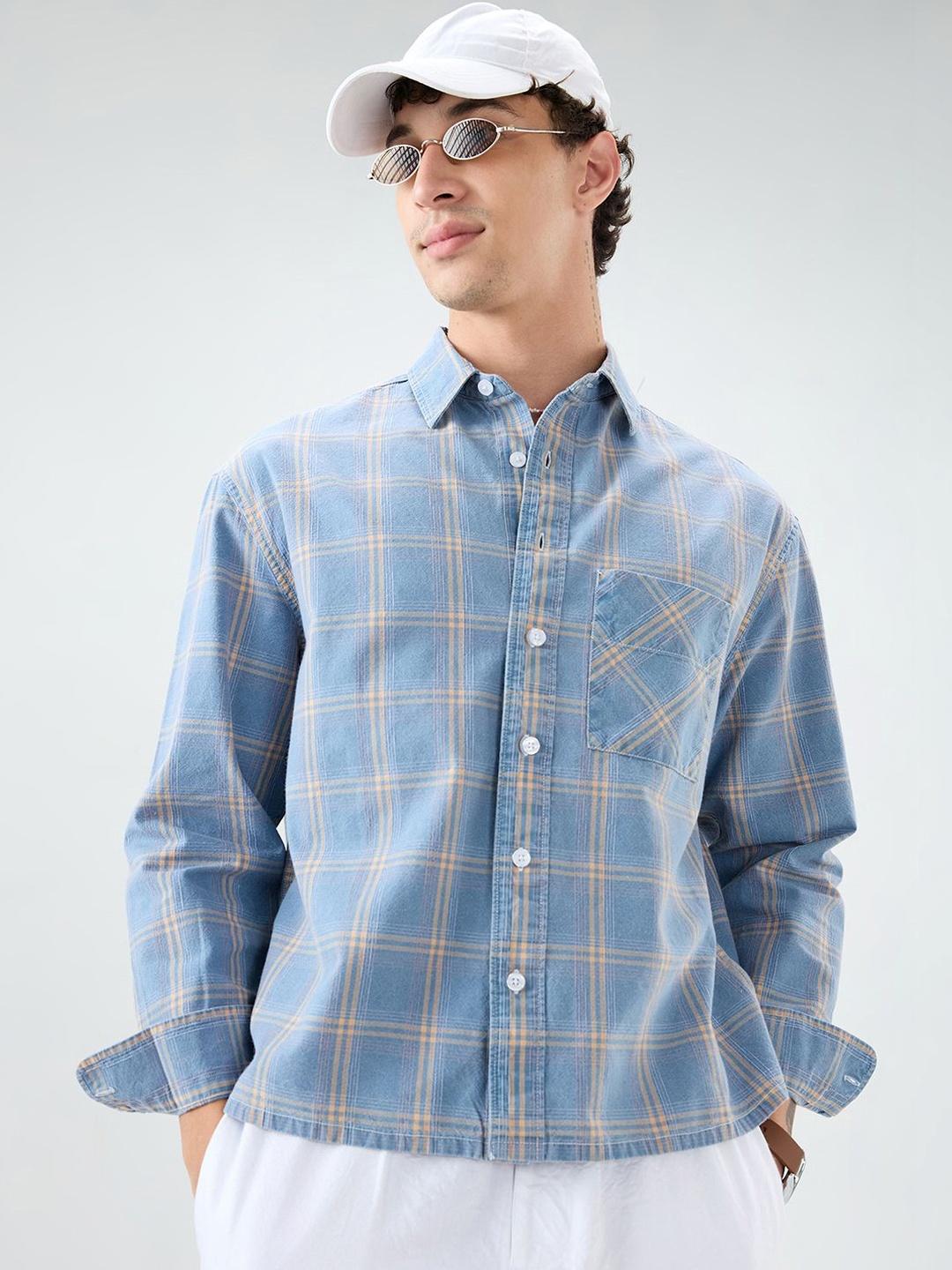VASTRADO Denim Blue & Yellow Multi Line Checks Crop Shirt