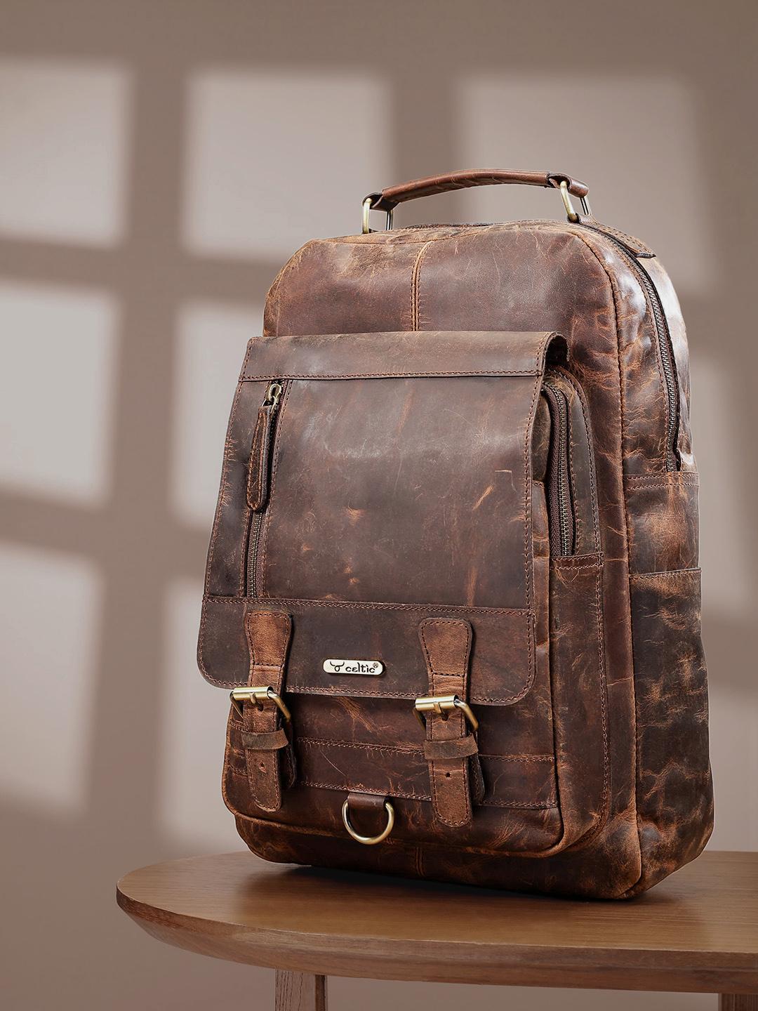 celtic leather backpack Black & Brown Backpackƒ????????|ƒ????????Celtic India Metal zipped outer pocket Top grab handle Adjustable leather straps for comfortable wear Main 100% Leather Premium Genuine Leather Backpack with