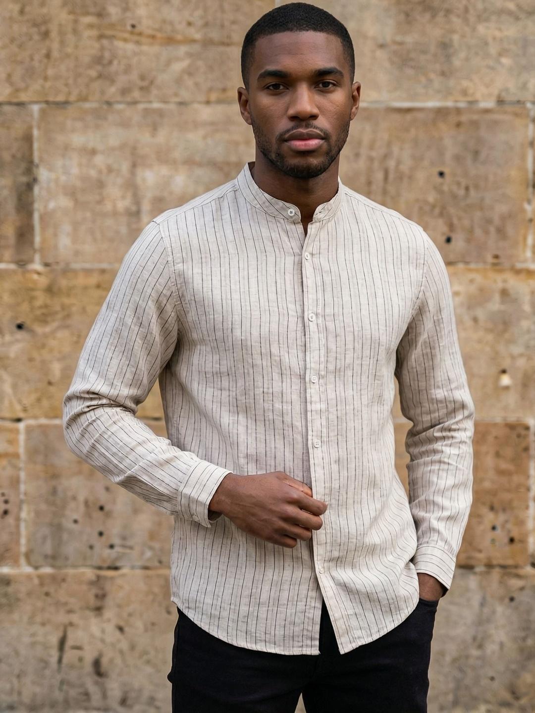 Buy GENTLEREN Striped Band Collar Linen Relaxed Fit Shirt - Shirts