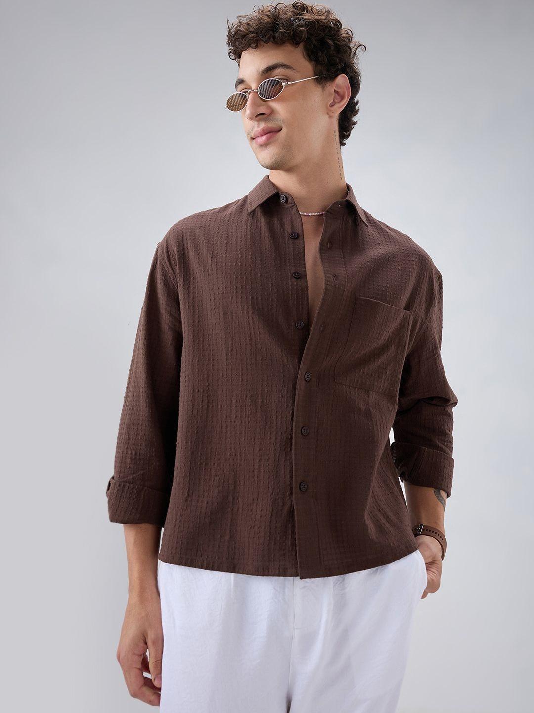 VASTRADO Chocolate Brown Micro Box Crop Shirt - Image 1