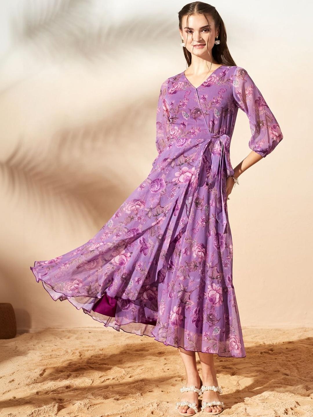 Buy Miss Chase Women Lavender Floral V-Neck 3/4 Sleeve Wrap