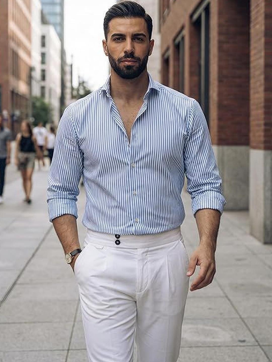 INDOPRIMO Men Blue Striped Cotton Shirt - Image 1