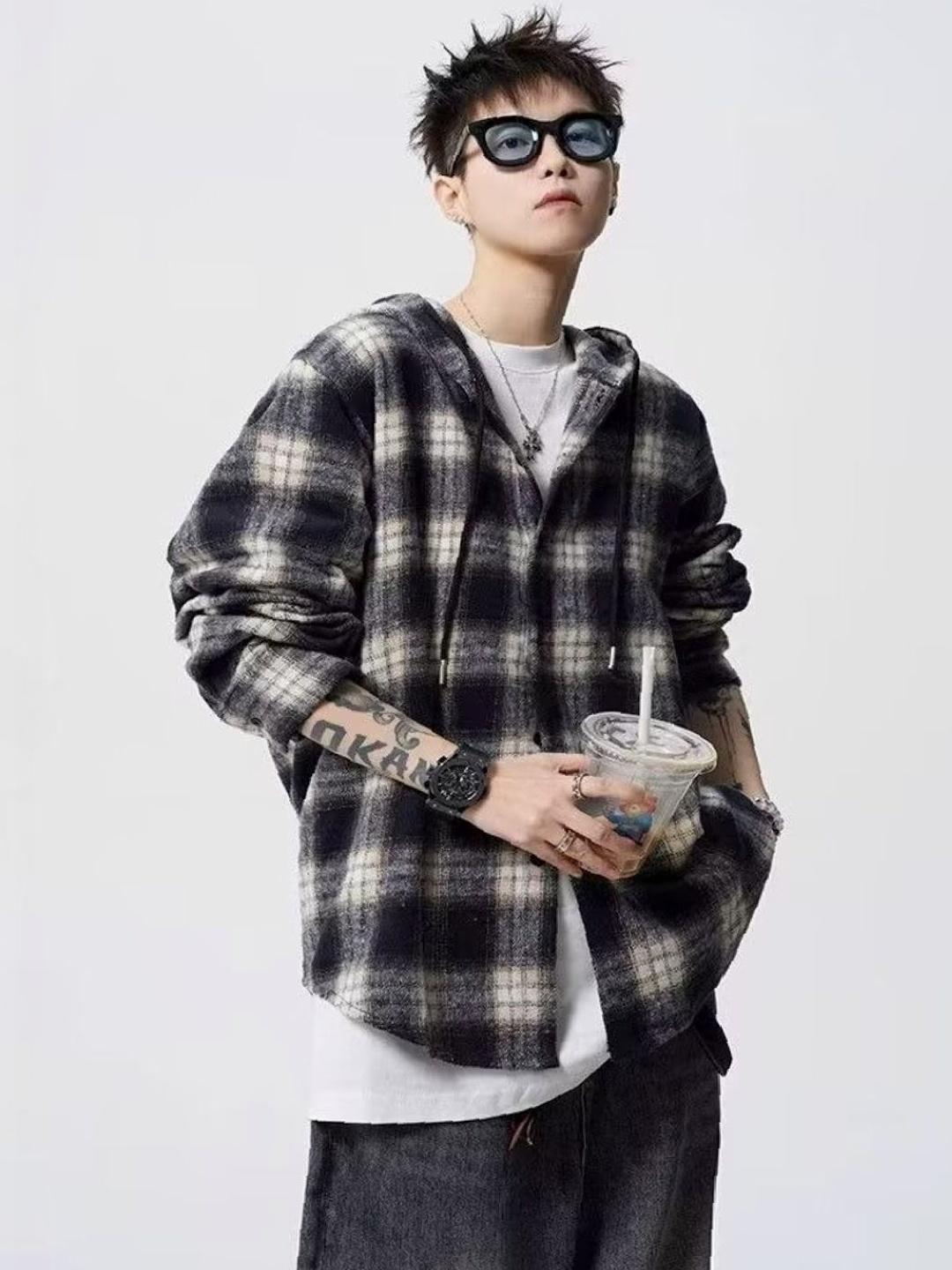 StyleCast Black Hooded Tartan Check Shirt - Image 1
