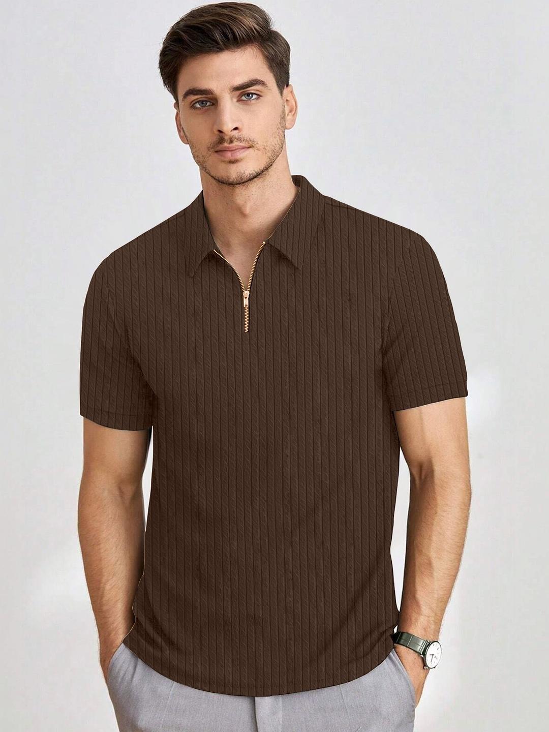 HAPPY KHAJANA Men Textured Polo Zip Neck Collar Tshirts - Image 1