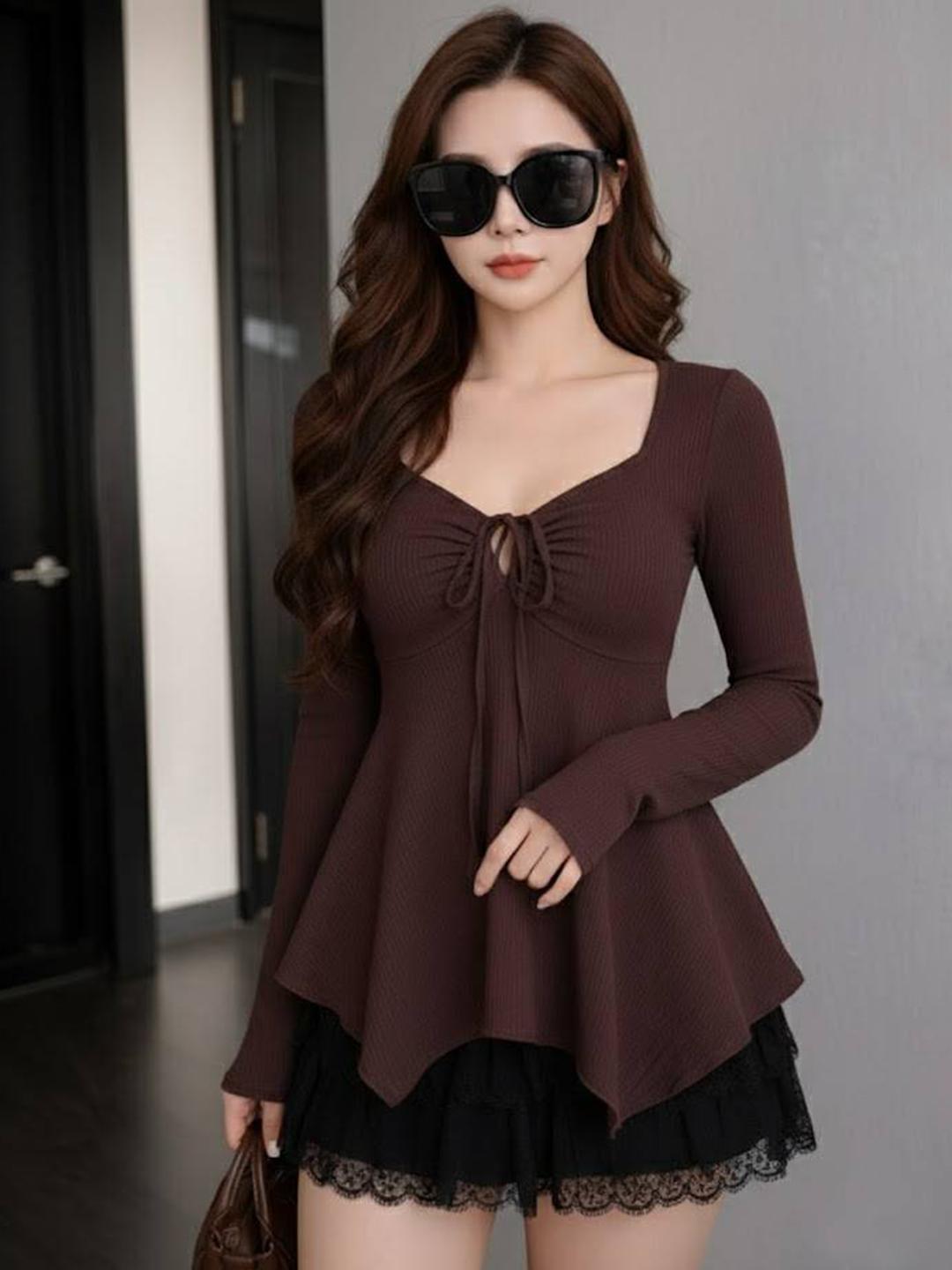 AROD Sweetheart Neck Ribbed Tie-Up Empire Peplum Top - Image 1