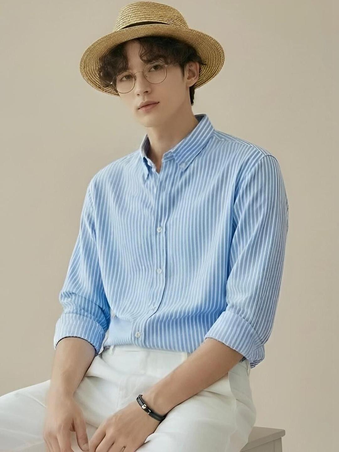 SZN Blue Vertical Stripes Regular Fit Casual Shirt