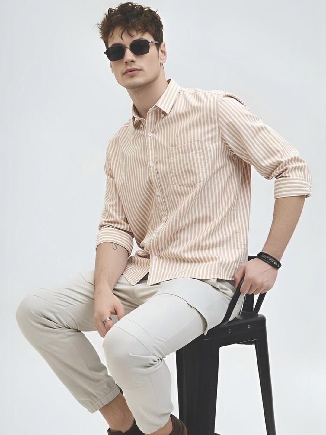 Cream Vertical Stripes Regular Fit Casual Shirt by SZN