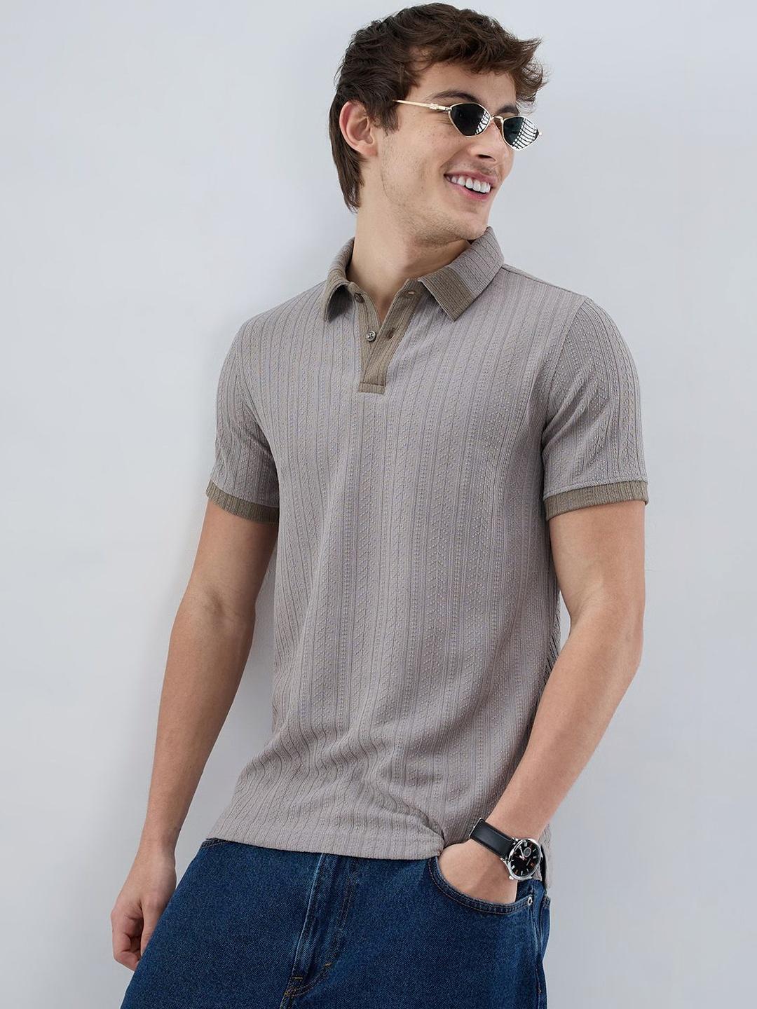 VASTRADO Ash Grey Ribbed Polo Neck T-Shirt - Image 1