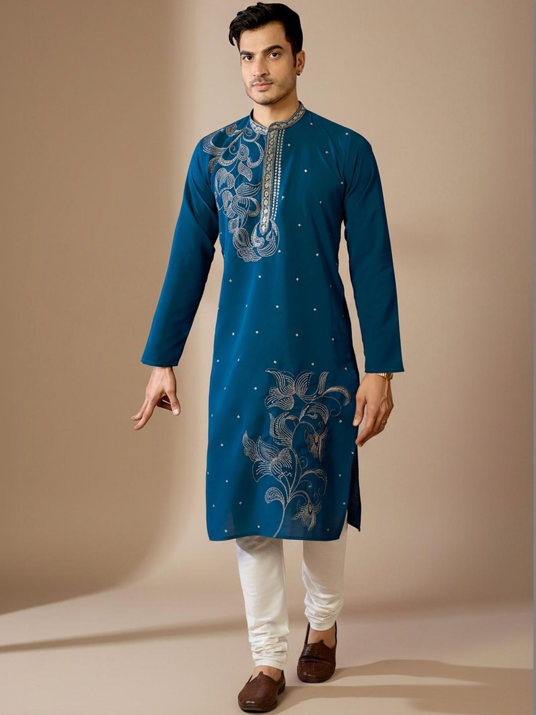 Indiroop Men Ethnic Motifs Embroidered Mandarin Collar Cotton Kurta - Image 1