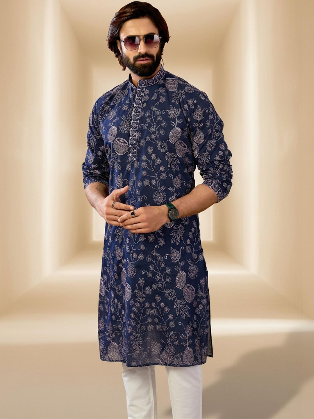 INDIROOP Men Floral Printed Mandarin Collar Cotton Kurta - Image 1