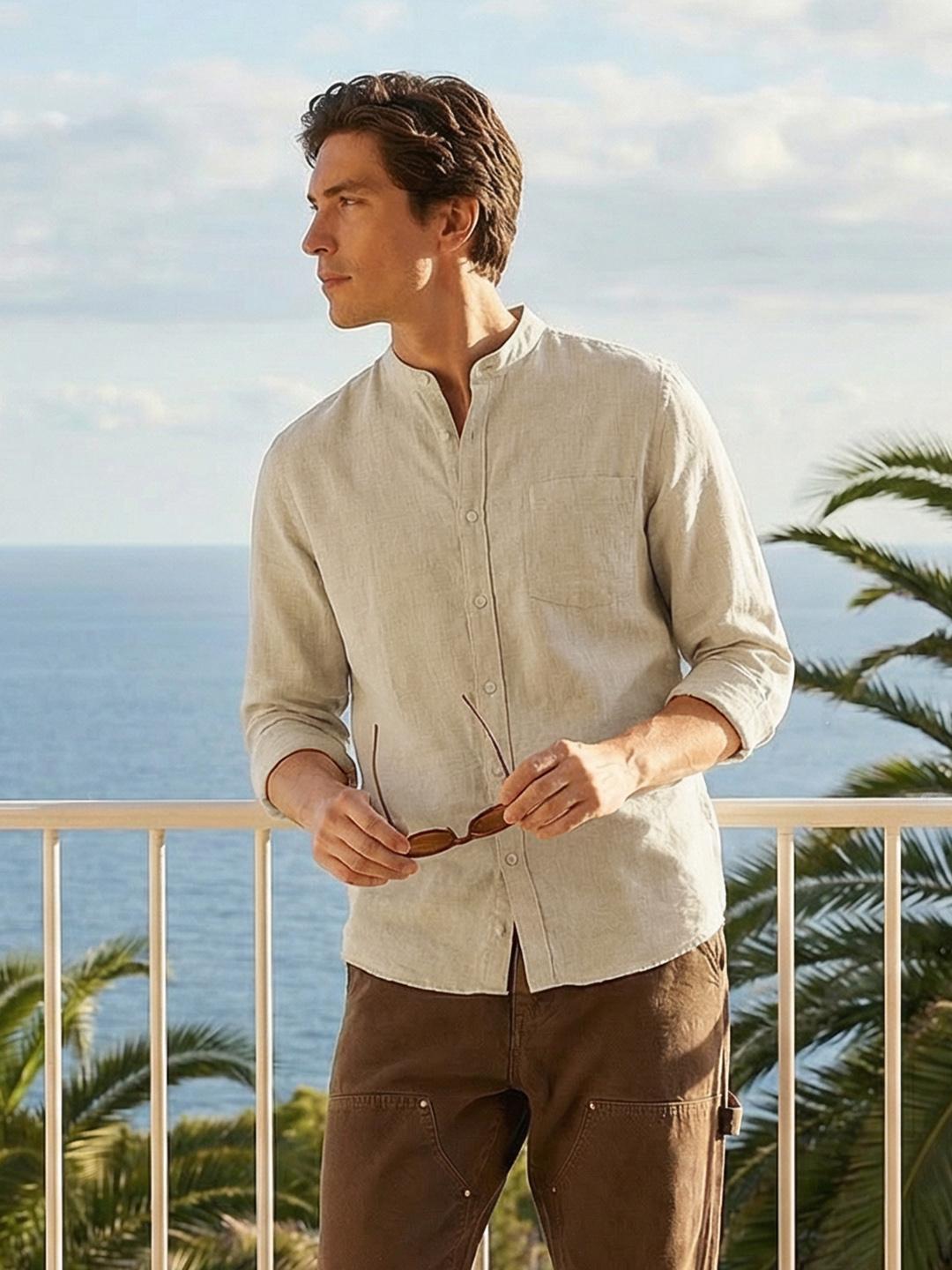 Mast & Harbour Band Collar Pure Linen Casual Shirt