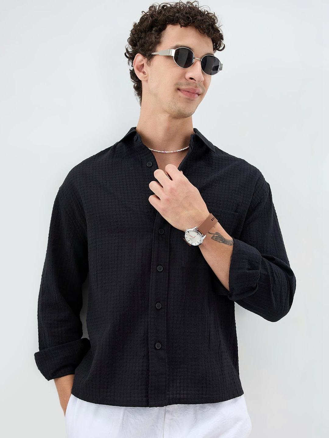 VASTRADO Deep Black Grid Jacquard Weave Crop Shirt - Image 1