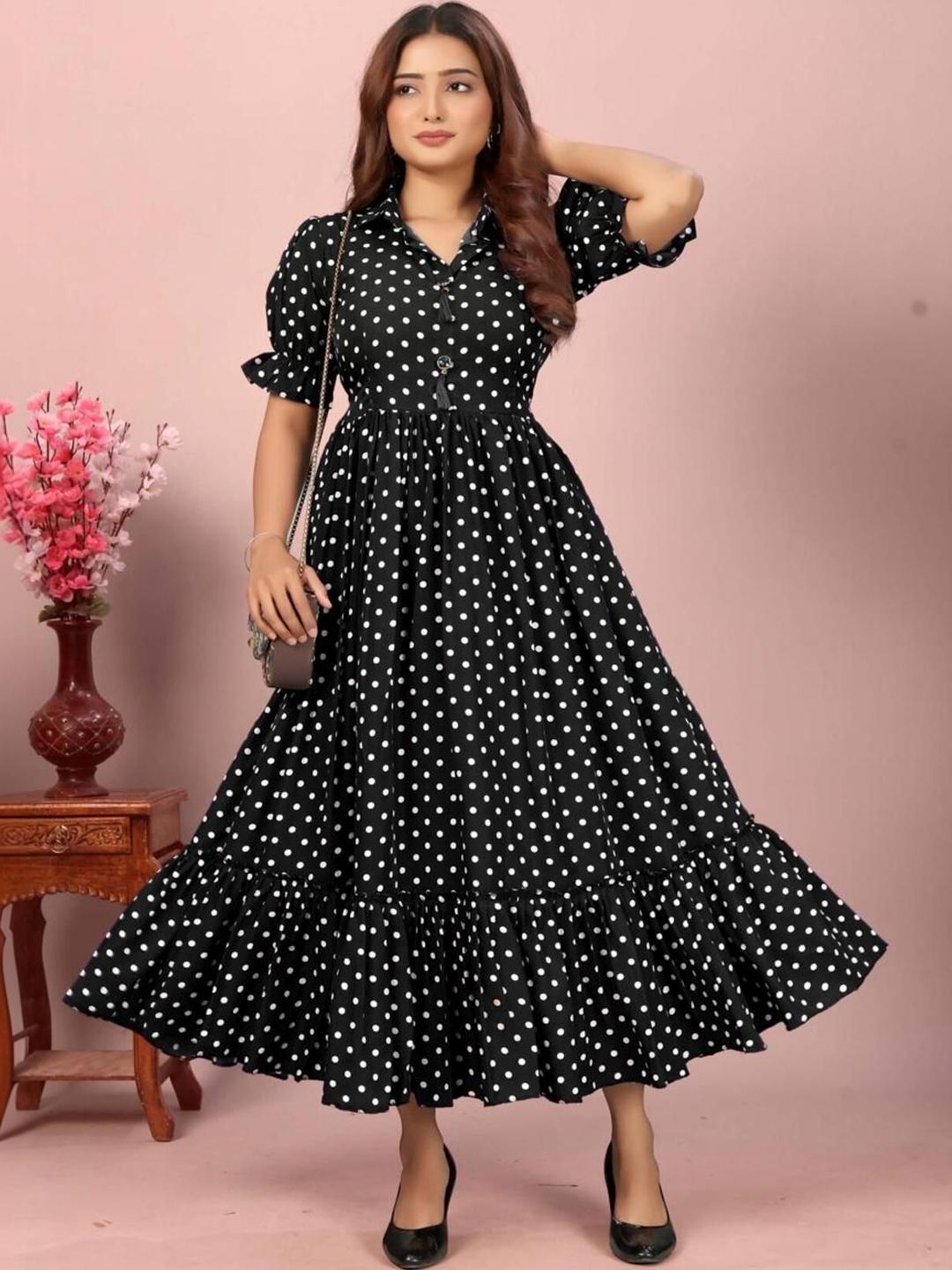 Buy Moda Rapido Polka Dot Print Puff Sleeve Ruffled Crepe Fit