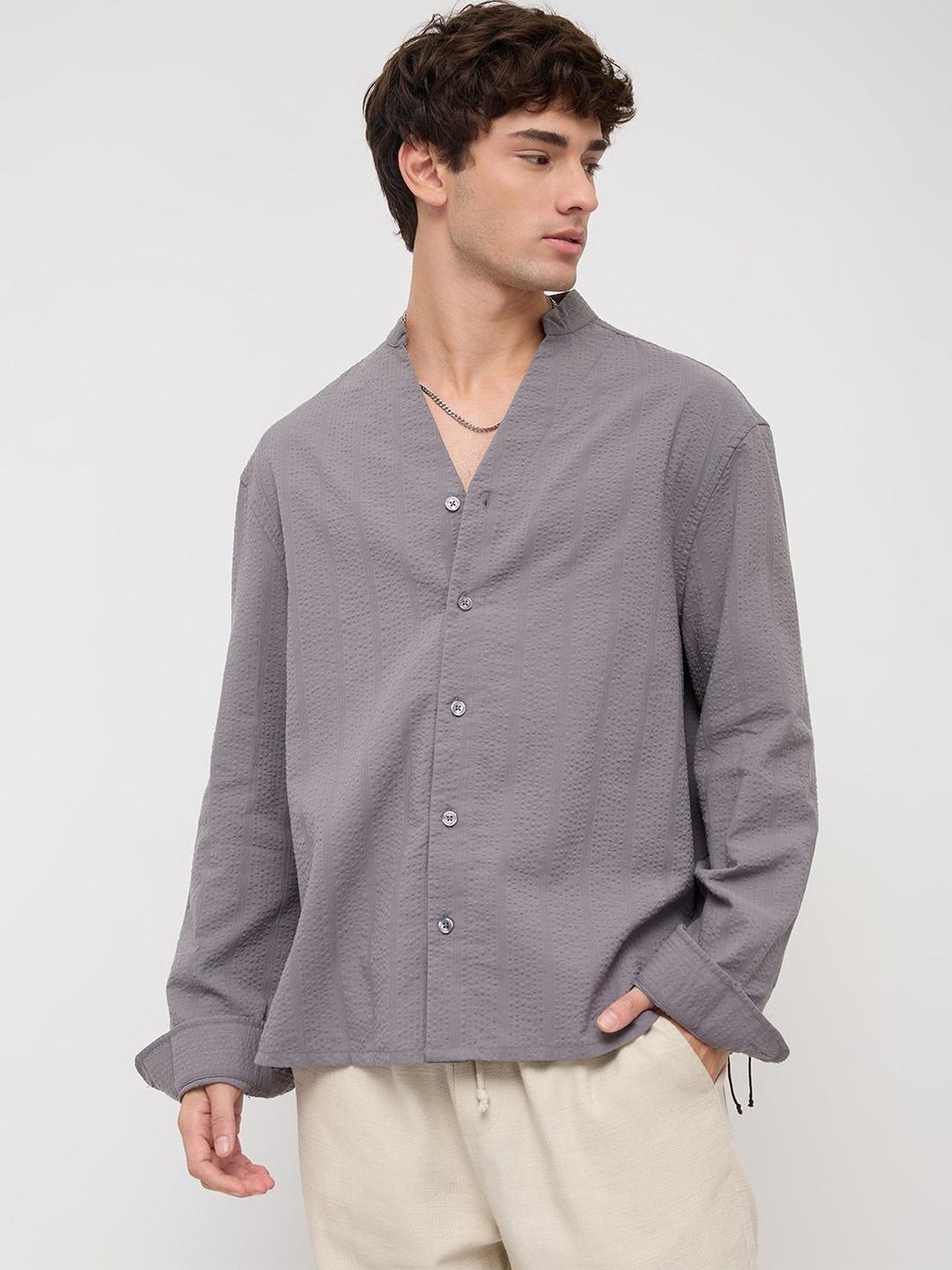 VASTRADO Grey Seersucker Striped Stand Collar Oversized Shirt