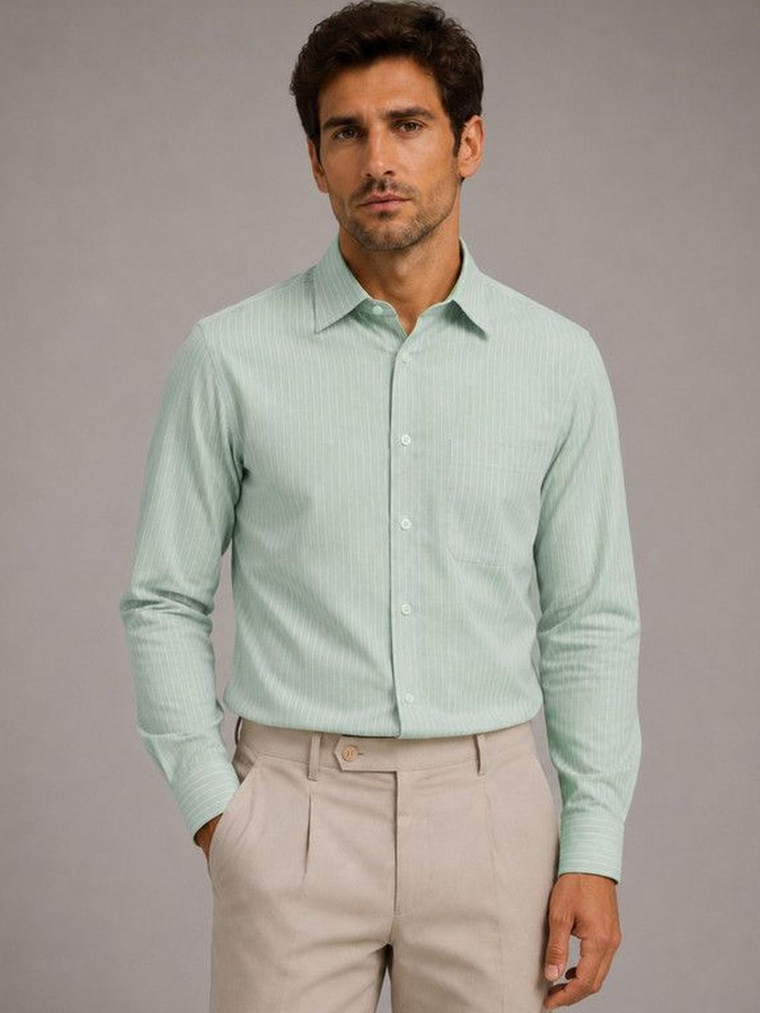 FRANKSHIRT Men Pista Green Pinstriped Oxford Shirt - Image 1
