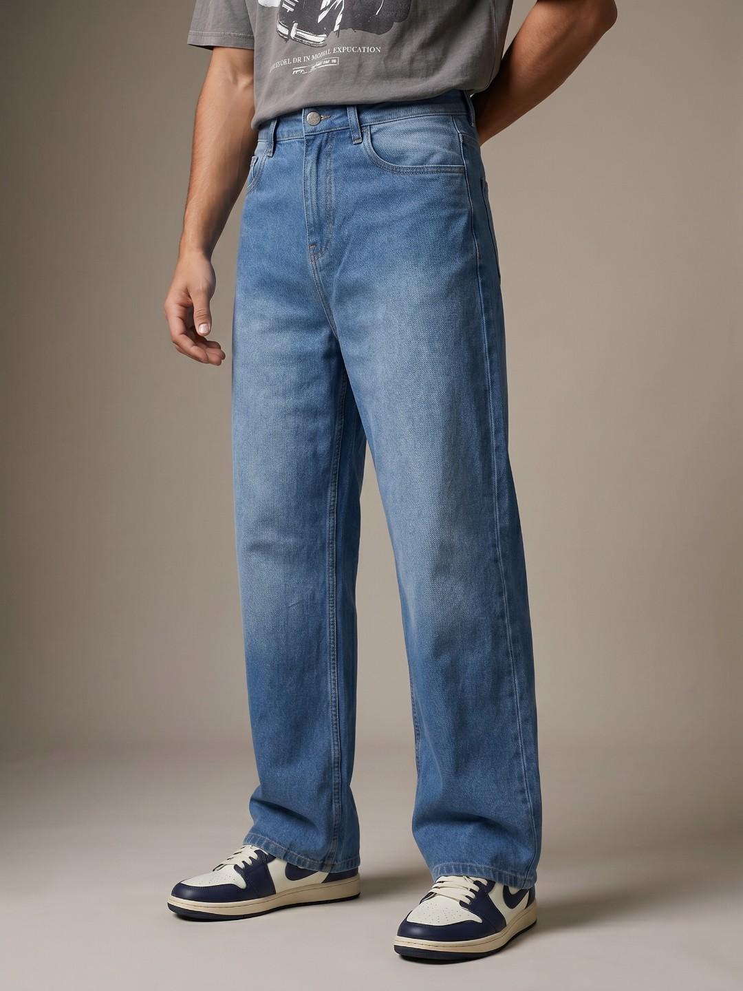 glitchez Men Wide Leg Heavy Fade Stretchable Jeans