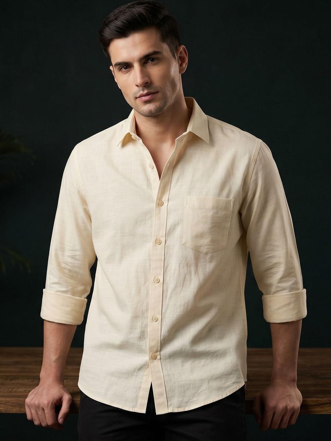 SZN Men Spread Collar Cotton Casual Shirt