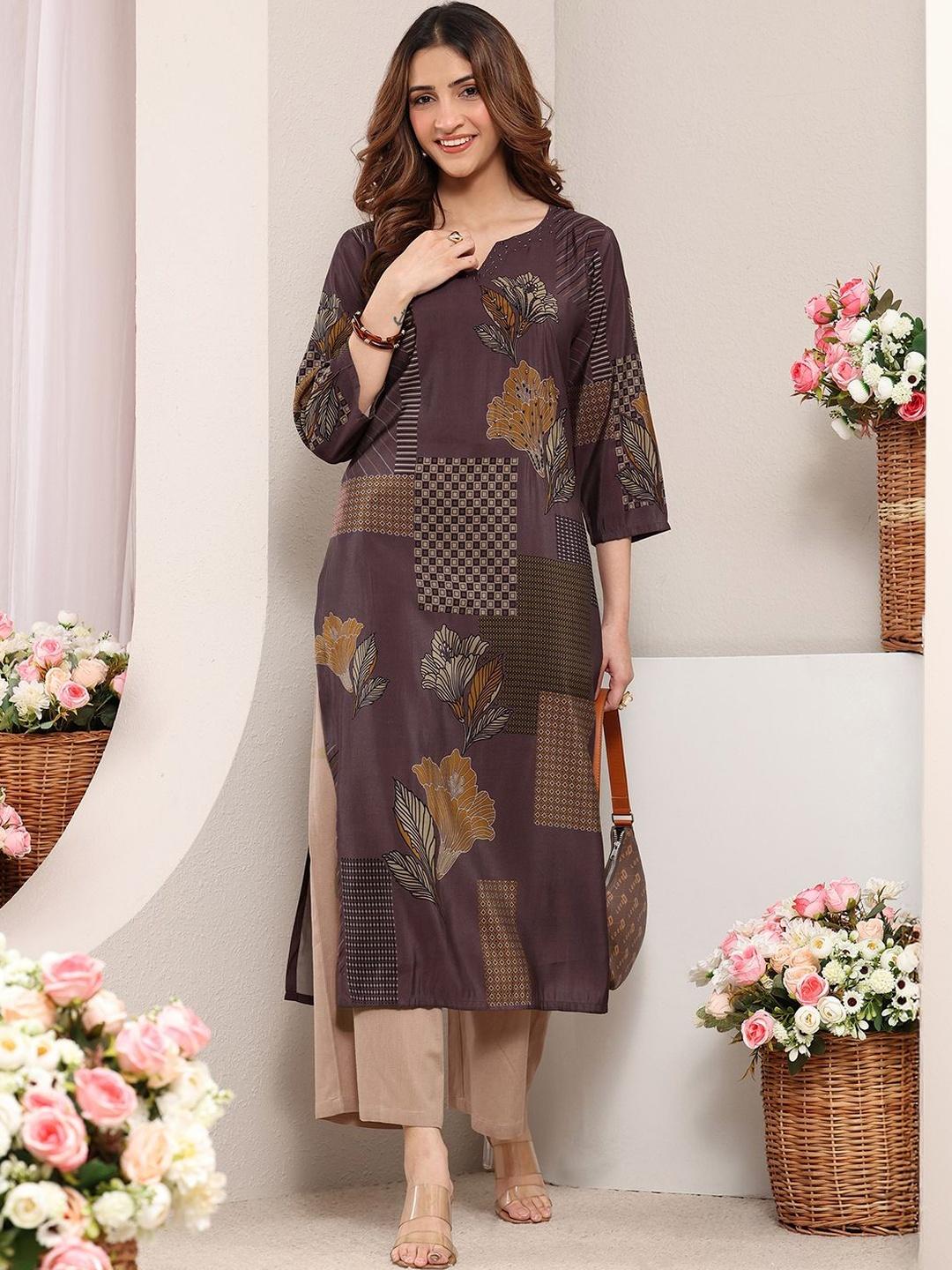 Libas Taupe Abstract Printed Straight Kurta - Image 1