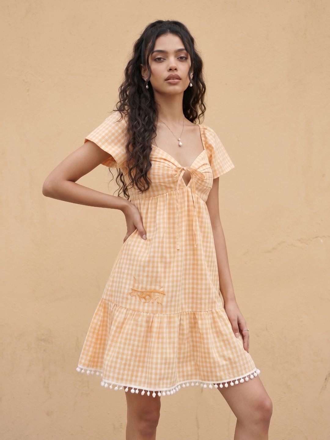 Buy fusion by glitchez Checked Sweetheart Neck A-Line Mini Dress