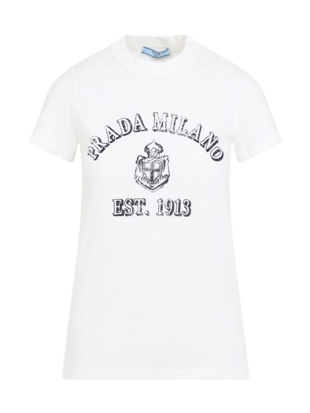 【美品】PRADA ホワイト Tシャツ EST. 1913 Buy Prada White Logo Crewneck Cotton T-Shirt - Tshirts for Women