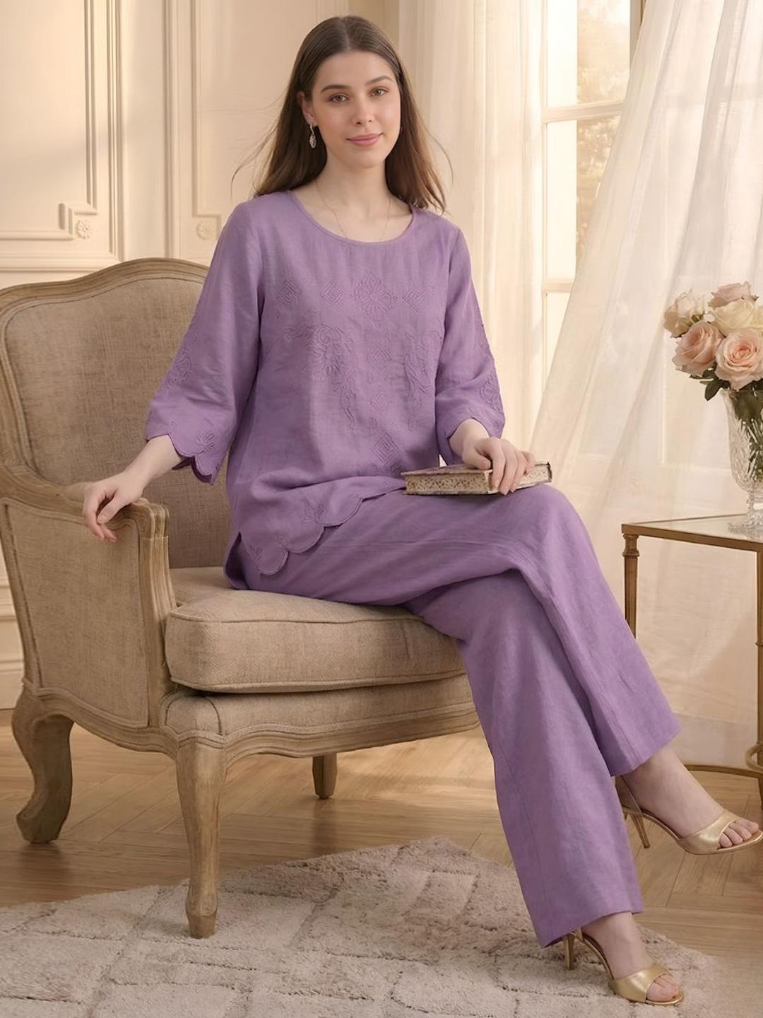 GlamZei Women Embroidered Cotton Top with Palazzo Co-Ords - Image 1