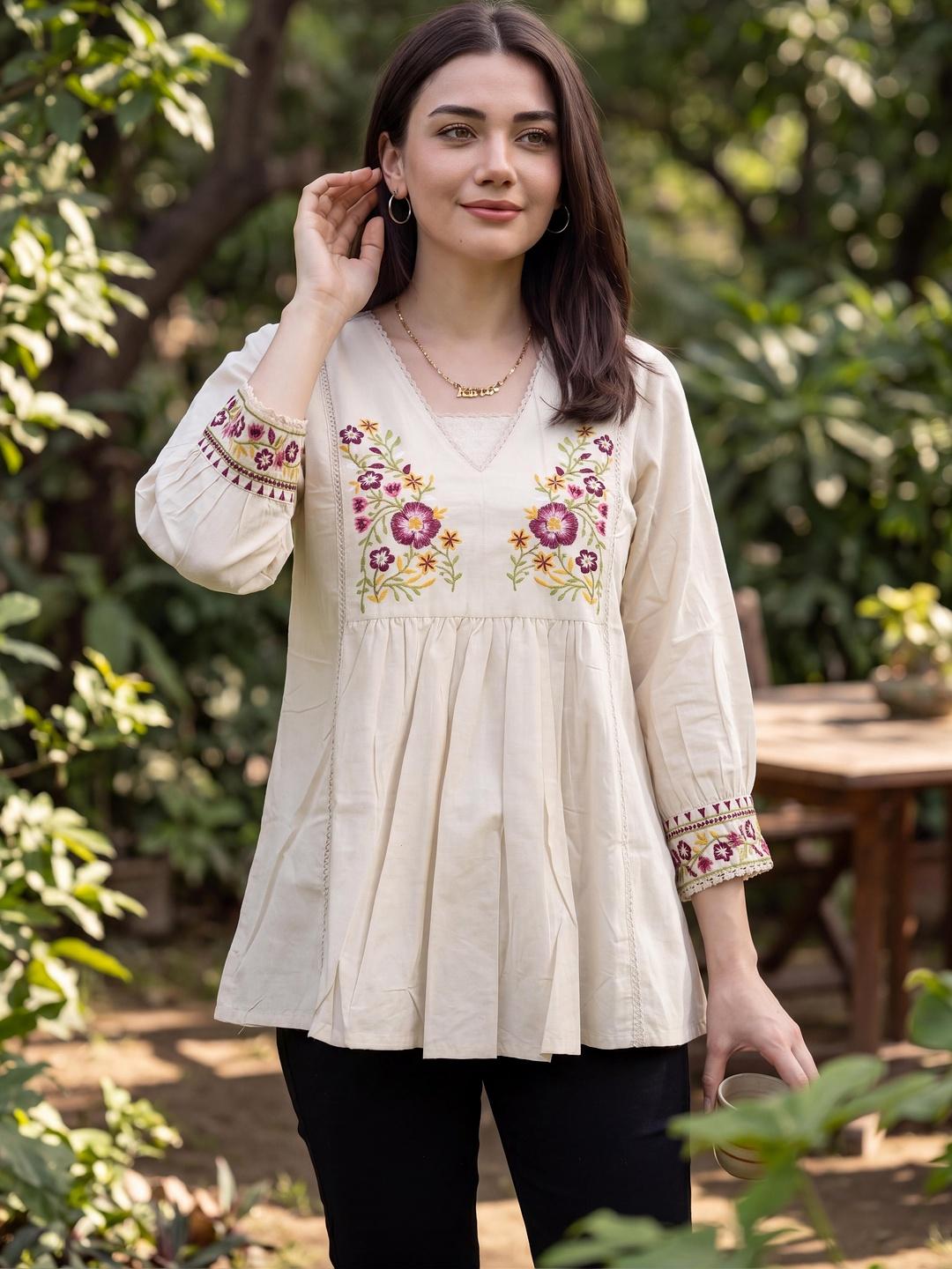 CORSICA Floral Embroidered Ethnic Cotton Top