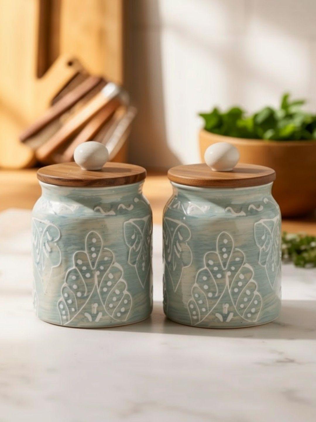 Buy VarEesha Set Of 2 Grey & White Handcrafted Ceramic Jars