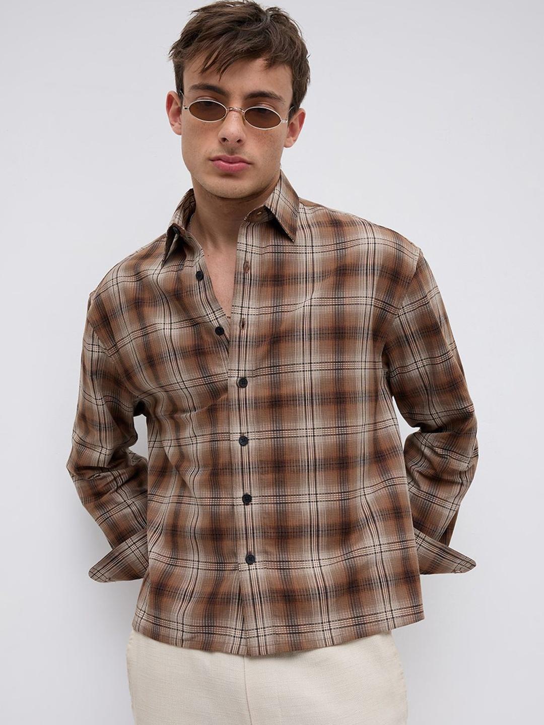 VASTRADO Cocoa Haze Gradient Plaid Crop Shirt