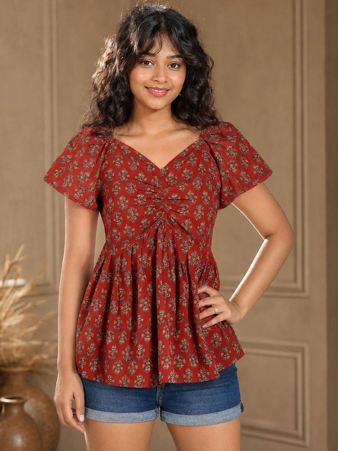 Buy SZN Floral Print Flutter Sleeve Cotton Top - Tops for Women