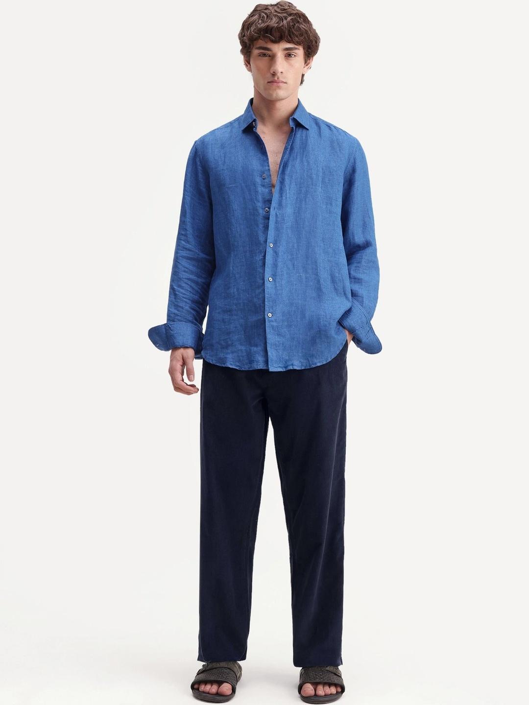 RARE RABBIT Men Blue Relaxed Corduroy Straight Fit Drawstring Trousers - Image 1