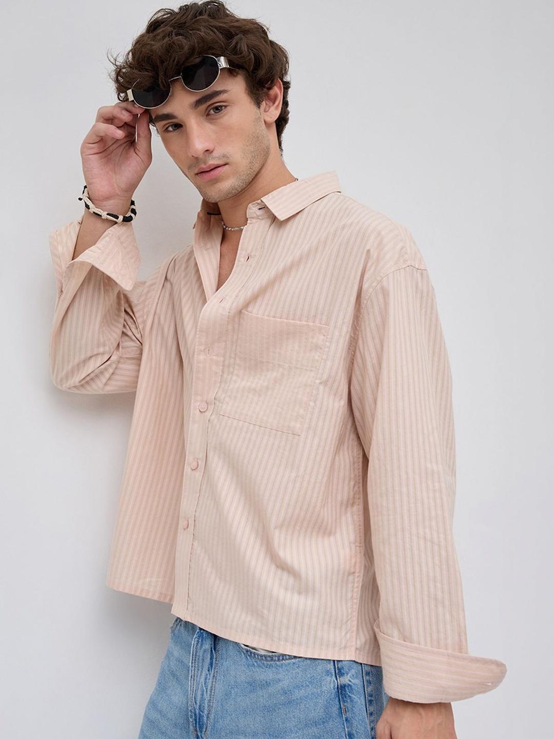 VASTRADO Plush Powder Pink Striped Boxy Crop Shirt
