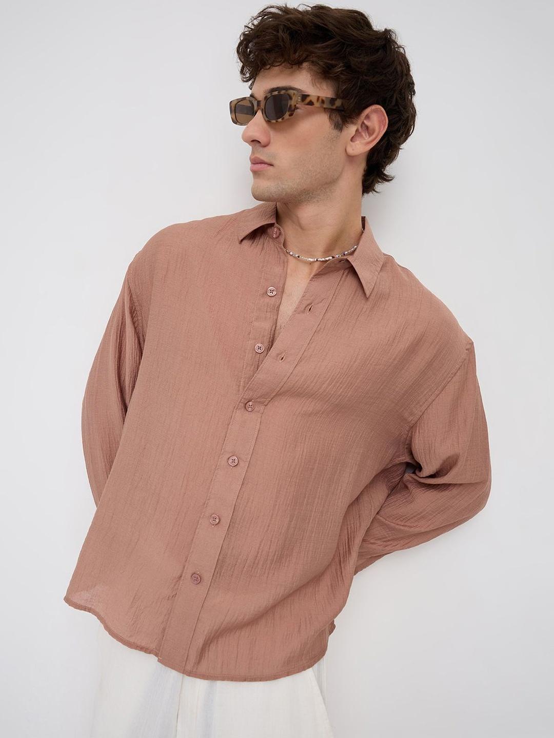 VASTRADO Burnt Clay Sheen Crinkled Boxy Fit Crop Shirt - Image 1