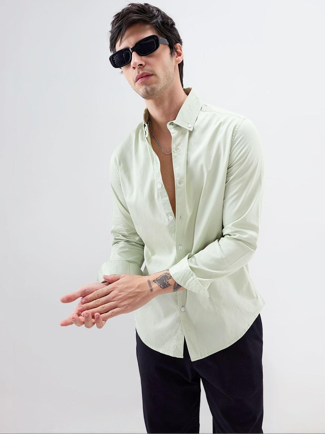 VASTRADO Tea Green Button-Down Collar Satin Shirt