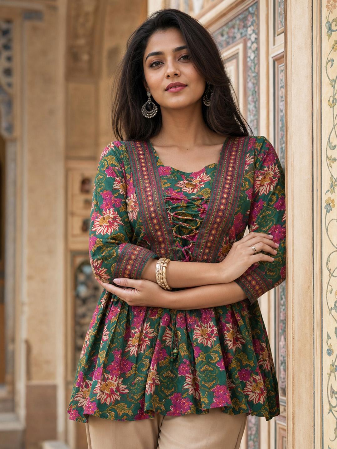 HERE&NOW Floral Printed Square Neck Kurti - Image 1
