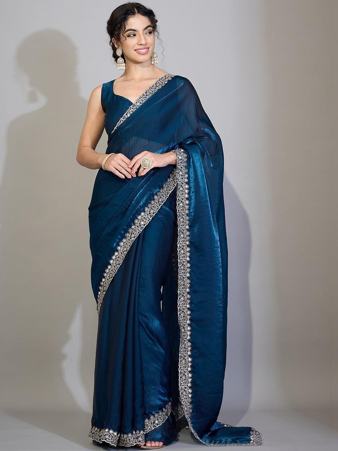 Saree mall Embellished Embroidered Satin Heavy Work Sarees