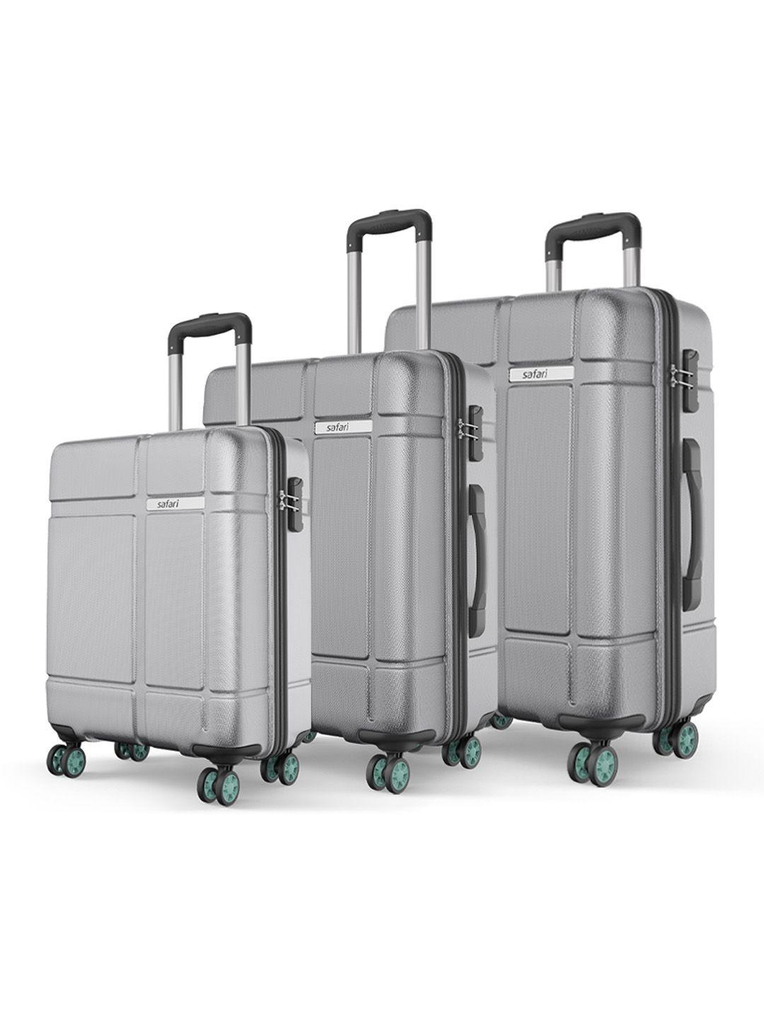 Safari Route Silver Set of 3 Polycarbonate Hard Sided Trolley Bag Suitcase