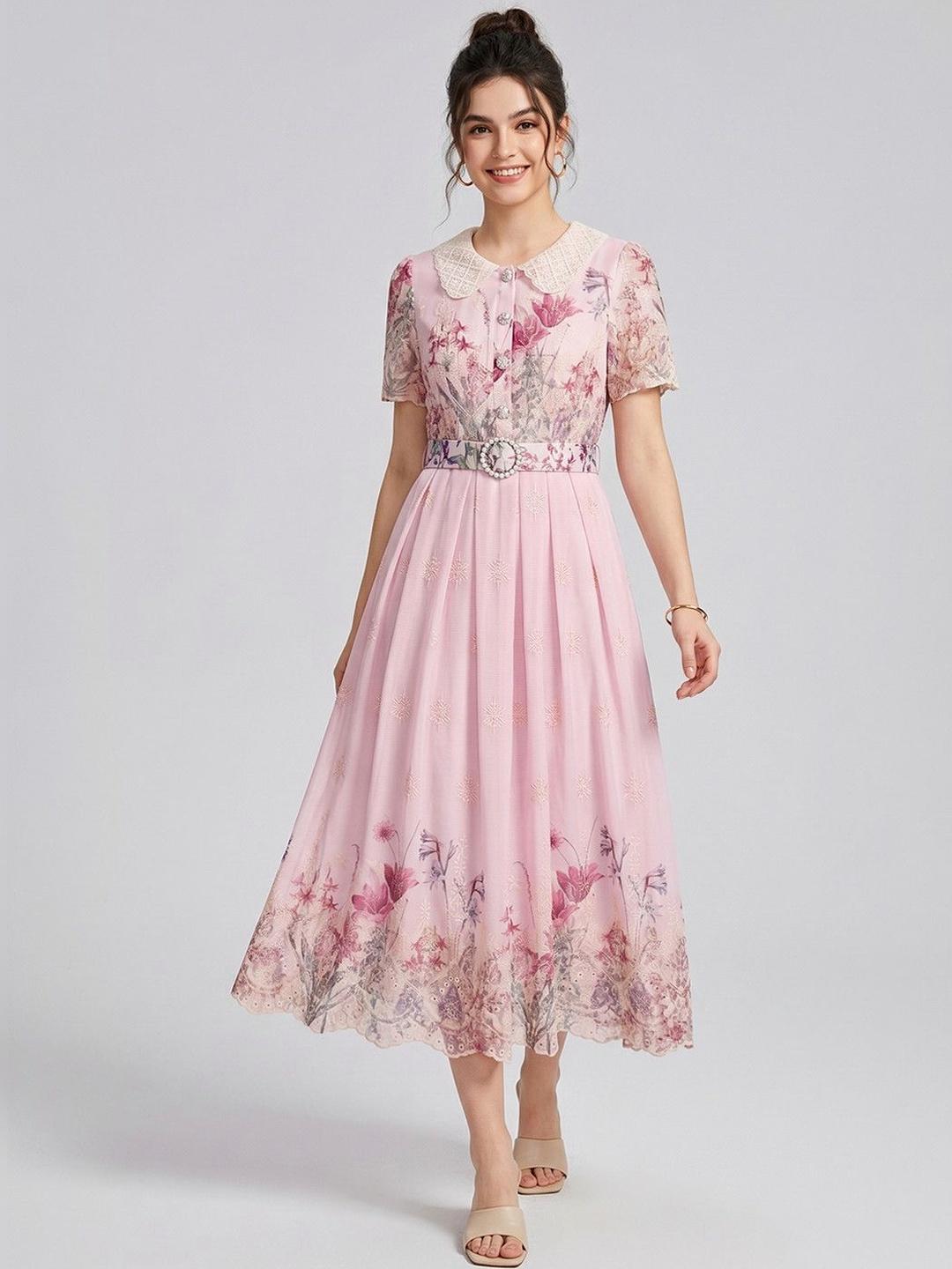 Suo Floral Print Peter Pan Collar A-Line Midi Dress