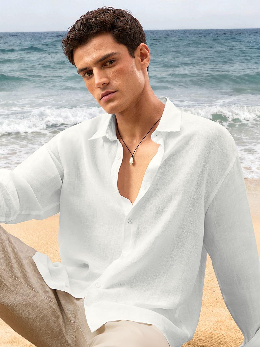 The Souled Store Men's White Cotton Linen Shirt