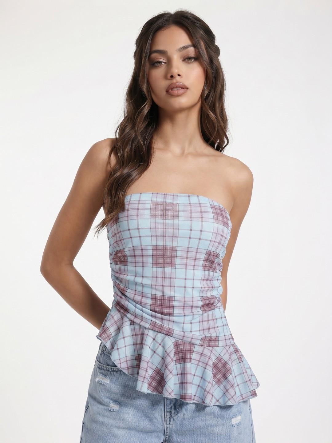 Buy glitchez Checked Off-Shoulder Peplum Top - Tops for Women