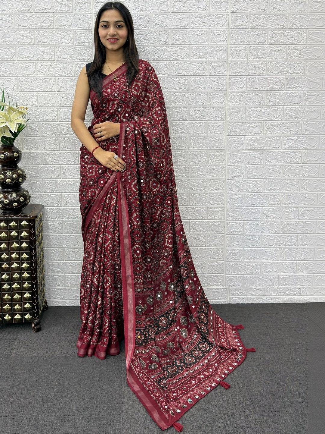 KOMAL NX Ethnic Motifs Mirror Work Pure Cotton Heavy Work Saree