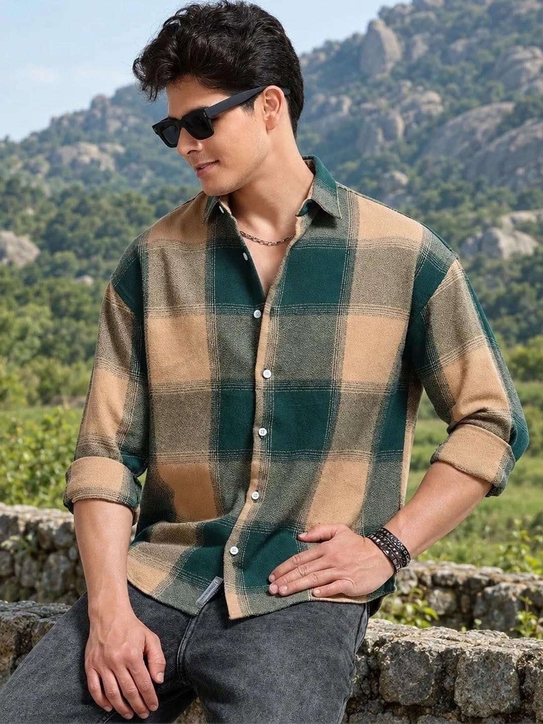 FashionDistrict Men Relaxed Boxy Sheer Checked Casual Shirt - Image 1