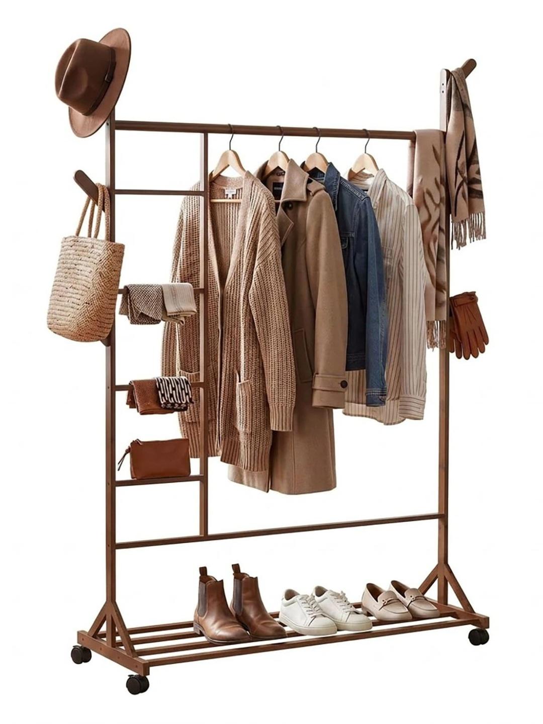 Wooden Movable Floor Standing Clothes Rack Vertical Design | Clothes & Garment Organizer - Image 1