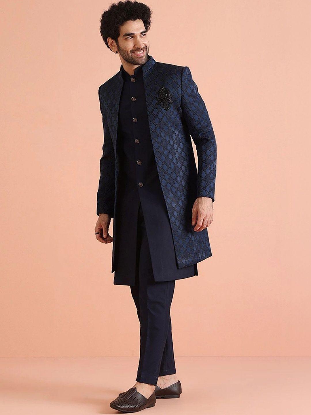 KISAH Men Jacquard Regular Fit Ethnic Motifs Jacket Sherwani Trouser Set - Image 1