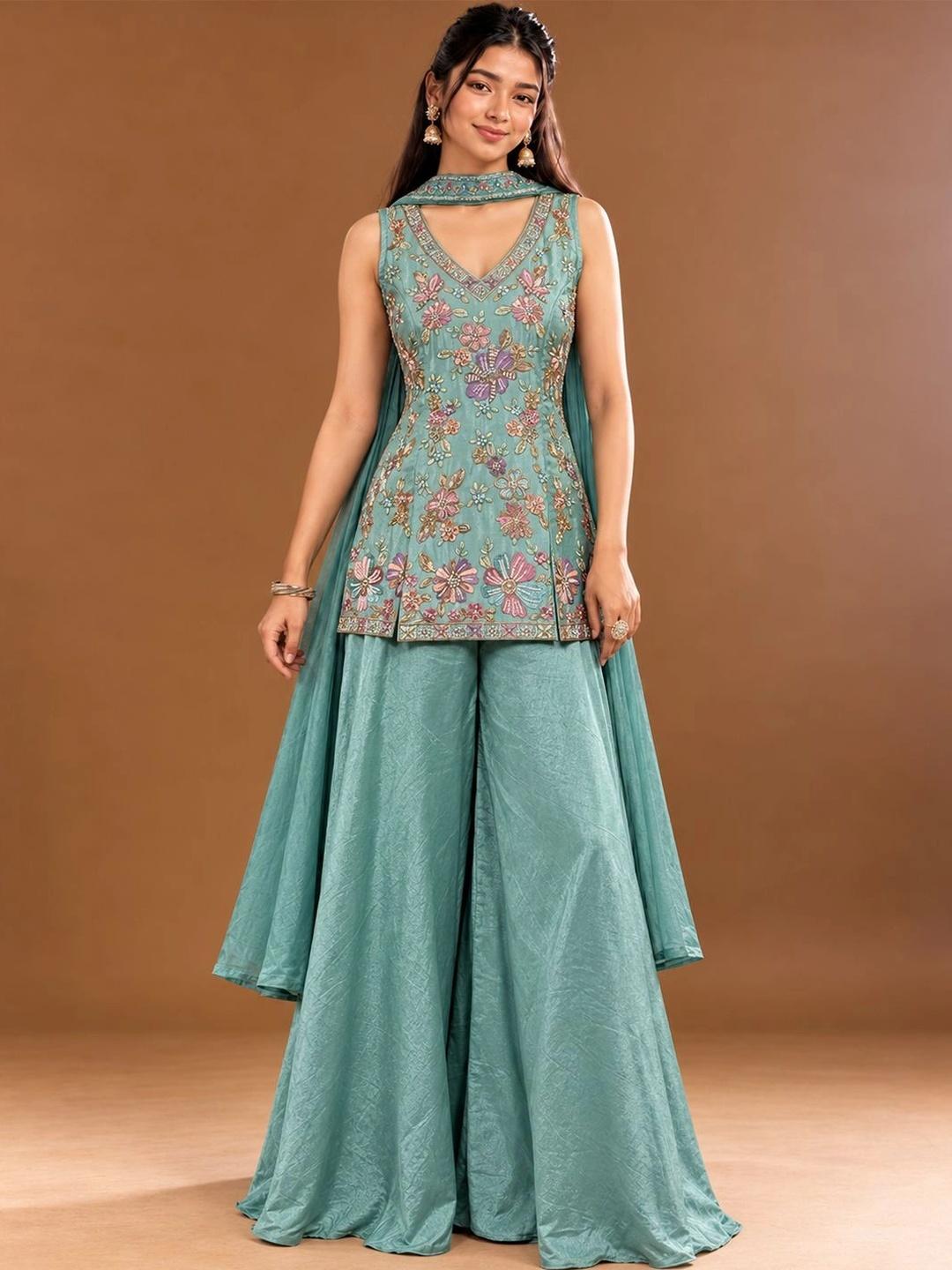 Varanga Women Floral Embroidered Kurta with Sharara & Dupatta - Image 1