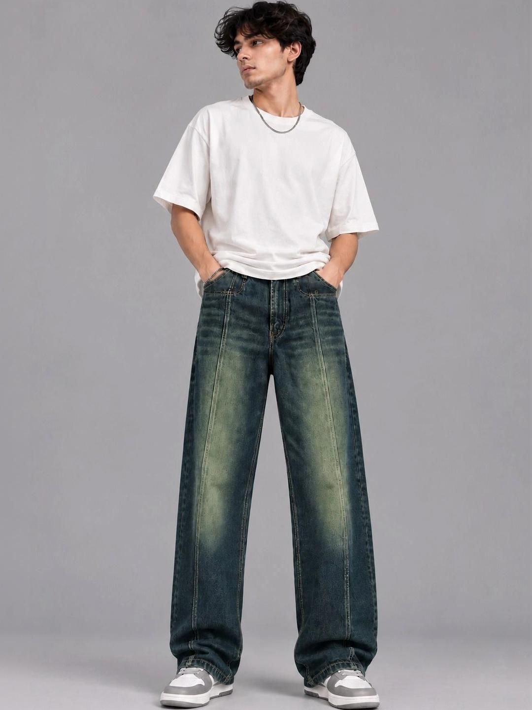 Line out line Men Wide Leg Mid-Rise Heavy Fade Jeans - Image 1