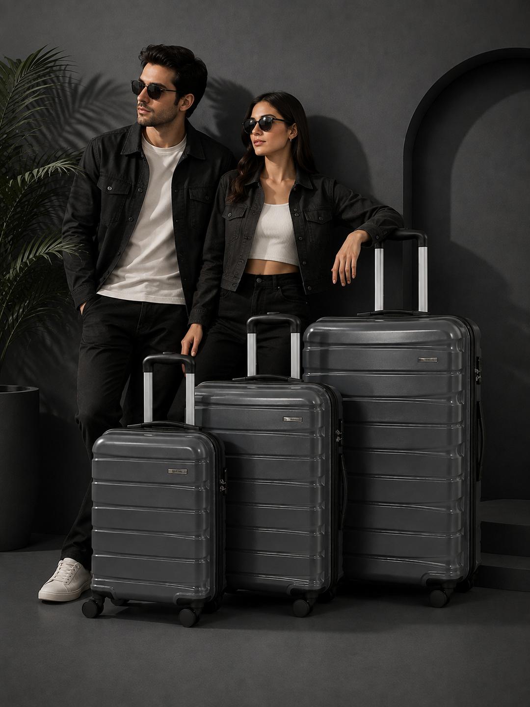 Teakwood Leathers Set of 3 India Solid 360 Rotation 8 Wheel Oversized Trolley Bag- 96L