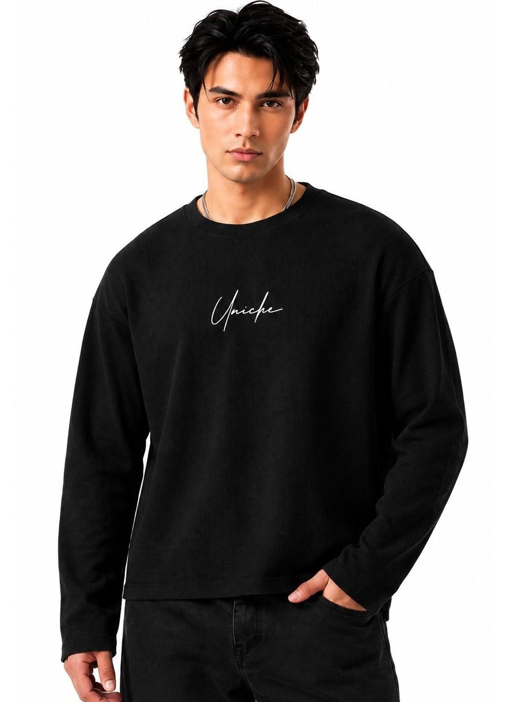 Uniche Affeto Men Shadow Script Round Neck Waffle T-shirt - Image 1